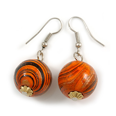 Orange/ Black/ Golden Colour Fusion Wood Bead Drop Earrings with Silver Tone Closure - 40mm Long - main view