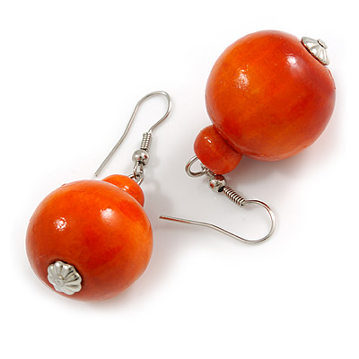 Orange Wood Bead Drop Earrings - 50mm Long - main view