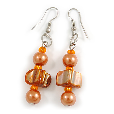 Orange/ Peach Glass and Shell Bead Drop Earrings with Silver Tone Closure - 6cm Long