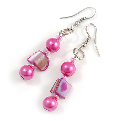 Deep Pink Glass and Magenta Shell Bead Drop Earrings with Silver Tone Closure - 6cm Long - main view
