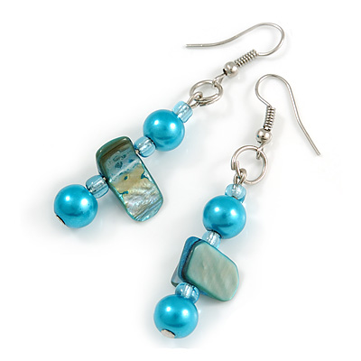 Turquoise Blue Glass and Shell Bead Drop Earrings with Silver Tone Closure - 6cm Long