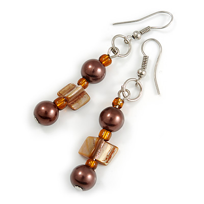 Brown Glass and Burnt Orange Shell Bead Drop Earrings with Silver Tone Closure - 6cm Long