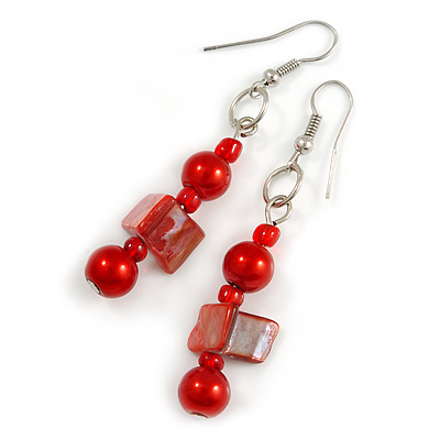 Red Glass and Shell Bead Drop Earrings with Silver Tone Closure - 6cm Long