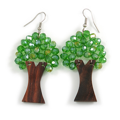 Green Glass Bead Brown Wood Tree Drop Earrings - 70mm Long