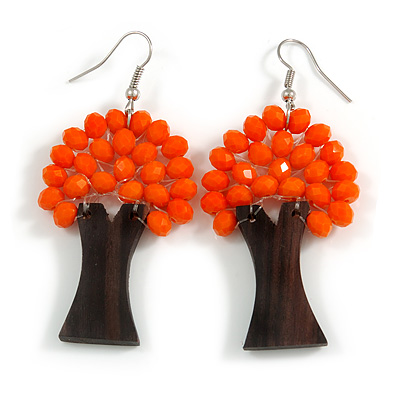 Orange Glass Bead Brown Wood Tree Drop Earrings - 70mm Long