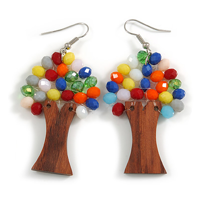 Multicoloured Glass Bead Brown Wood Tree Drop Earrings - 70mm Long