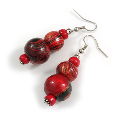 Red/ Black/ Golden Colour Fusion Wood Bead Drop Earrings with Silver Tone Closure - 55mm Long - main view