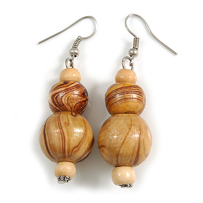 Natural/ Brown Colour Fusion Wood Bead Drop Earrings with Silver Tone Closure - 55mm Long