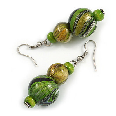 Green/ Black/ Golden Colour Fusion Wood Bead Drop Earrings with Silver Tone Closure - 55mm Long - main view