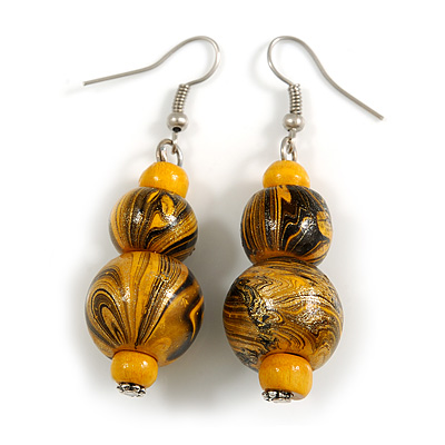Yellow/ Black Colour Fusion Wood Bead Drop Earrings with Silver Tone Closure - 55mm Long