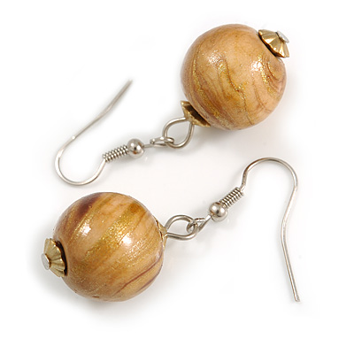 Natural/ Brown/ Golden Colour Fusion Wood Bead Drop Earrings with Silver Tone Closure - 40mm Long