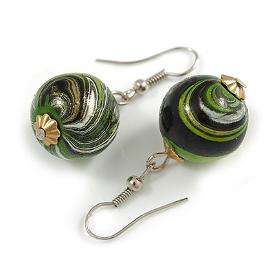 Green/ Black/ Golden Colour Fusion Wood Bead Drop Earrings with Silver Tone Closure - 40mm Long