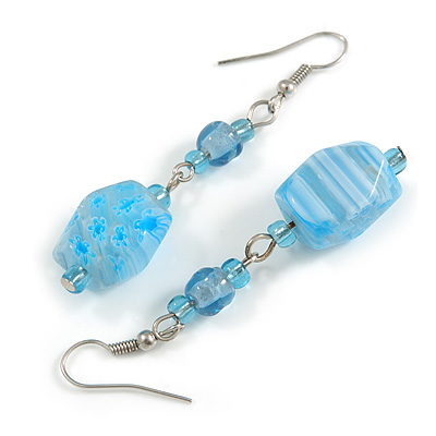 Light Blue Floral Faceted Resin/ Glass Bead Drop Earrings with Silver Tone Closure - 60mm Long