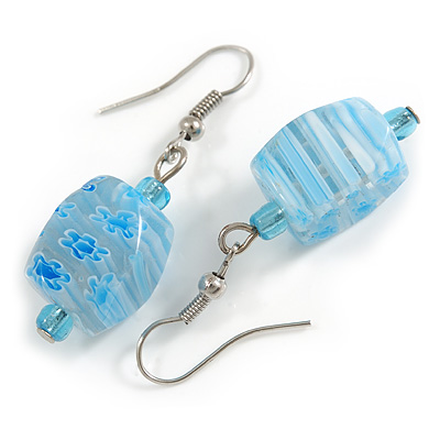 Light Blue Floral Faceted Resin/ Glass Bead Drop Earrings with Silver Tone Closure - 40mm Long