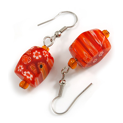 Orange Floral Faceted Resin/ Glass Bead Drop Earrings with Silver Tone Closure - 40mm Long