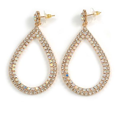 Statement Clear/ AB Crystal Large Teardrop Earrings In Gold Tone - 70mm Long