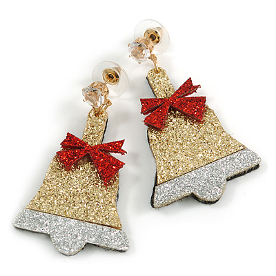 Christmas Sequin Felt/ Fabric Jingle Bell Tree Drop Earrings In Gold Tone - 50mm - main view