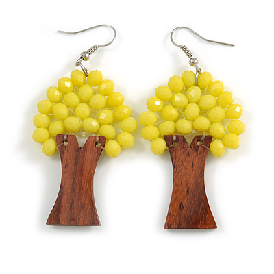 Lemon Yellow Glass Bead Brown Wood Tree Drop Earrings - 70mm Long