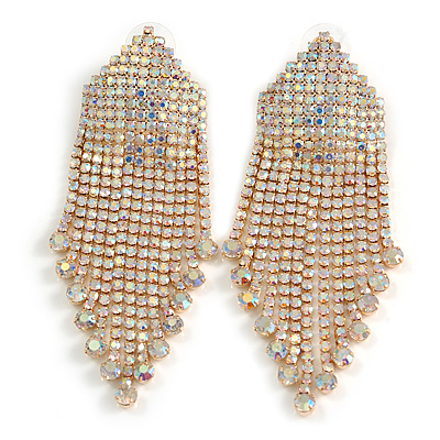 Statement Bridal AB Crystal Chandelier Tassel Drop Earrings In Gold Tone - 80mm Long - main view