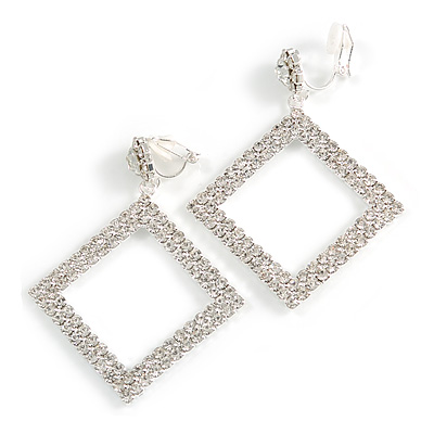 Statement Clear Crystal Square Drop Clip On Earrings In Silver Tone Metal - 60mm Long