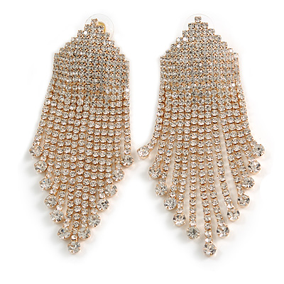 Statement Bridal Clear Crystal Chandelier Tassel Drop Earrings In Gold Tone - 80mm Long - main view