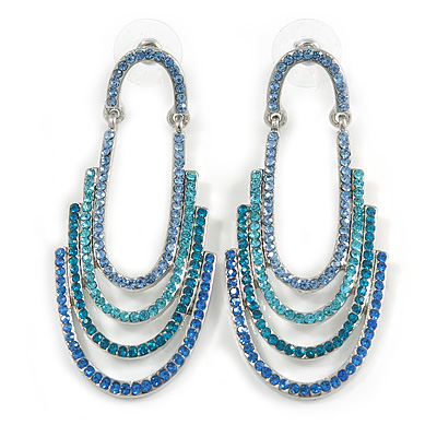 Blue/ Teal/ Azure Crystal Cascade Drop Earrings In Rhodium Plated Metal - 60mm Long