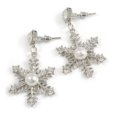 Christmas Crystal, Faux Pearl Snowflake Drop Earrings In Silver Tone - 45mm Long