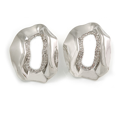 Contemporary Irregular 'O' Shape Clear Crystal Drop Earrings In Silver Tone - 38mm Tall