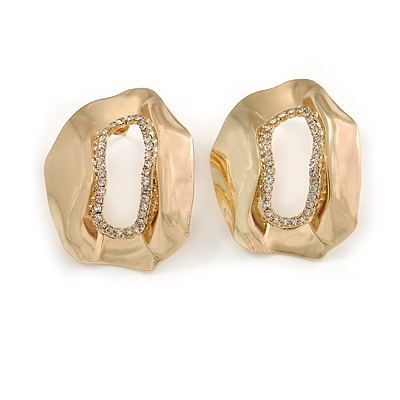 Contemporary Irregular 'O' Shape Clear Crystal Drop Earrings In Gold Tone - 38mm Tall