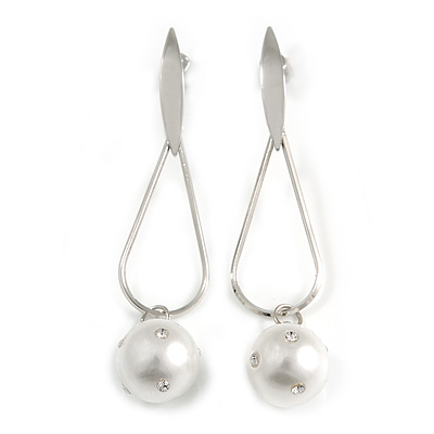 Trendy Loop with Crystal Faux Pearl Bead Drop Earrings In Silver Tone - 70mm Long