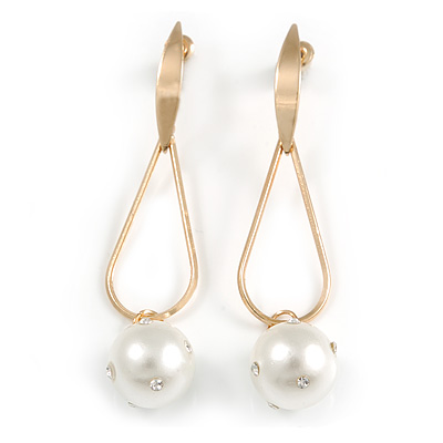Trendy Loop with Crystal Faux Pearl Bead Drop Earrings In Gold Tone - 70mm Long