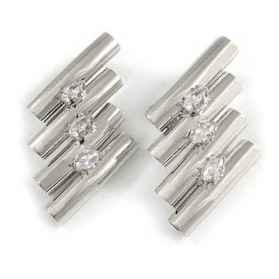 Unique Silver Tone Clear Crystal Tunnel Stud Earrings - 45mm Long
