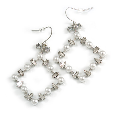 Square White Faux Pearl Bead, Clear CZ Bow Drop Earrings In Silver Tone Metal - 60mm Long - main view