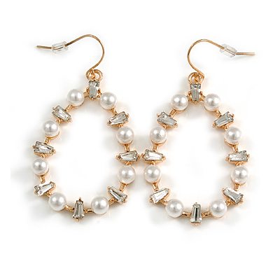 Oval White Glass Pearl Bead, Clear CZ Hoop Drop Earrings In Gold Tone Metal - 55mm Long
