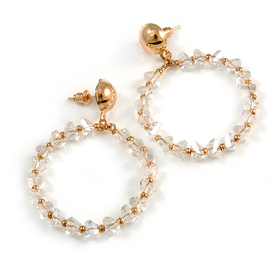 Transparent Faceted Glass Stone Slim Hoop Drop Earrings In Gold Tone - 50mm Tall