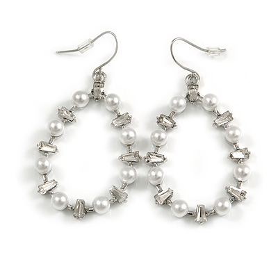 Oval White Glass Pearl Bead, Clear CZ Hoop Drop Earrings In Silver Tone Metal - 55mm Long - main view