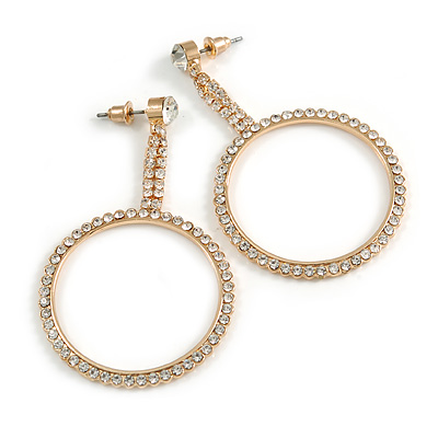Long Clear Crystal Drop Hoop Design In Gold Tone - 65mm Tall
