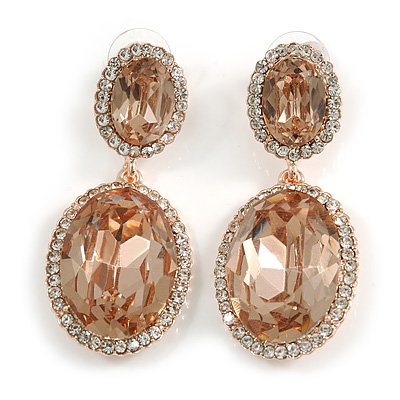 Champagne Oval Glass, Clear Crystal Drop Earrings In Rose Gold Tone - 50mm Long