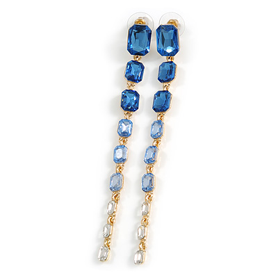 Statement Linear Graduated Glass Stone Long Earrings In Gold Tone in Blue/ Clear - 11.5cm Tall