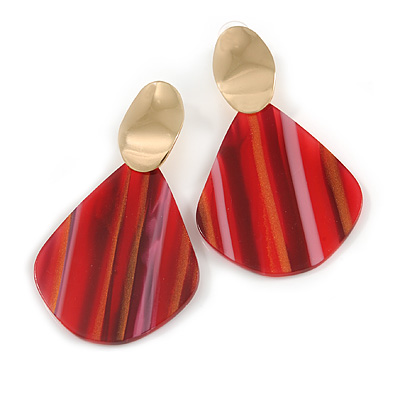 Trendy Stripy Acrylic Teardrop Earrings In Gold Tone (Red/ Glitter Gold) - 75mm Long