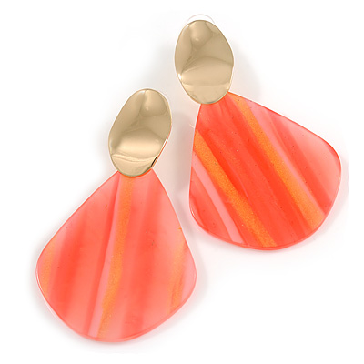 Trendy Stripy Acrylic Teardrop Earrings In Gold Tone (Pink/ Glitter Gold) - 75mm Long
