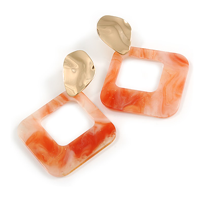 Trendy Salmon Pink Glitter Acrylic Square Earrings In Gold Tone - 70mm Long