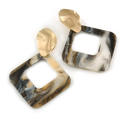 Trendy Black/ White Glitter Acrylic Square Earrings In Gold Tone - 70mm Long
