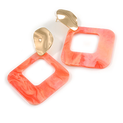 Trendy Coral Pink Glitter Acrylic Square Earrings In Gold Tone - 70mm Long
