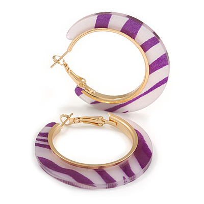 Trendy Lavender/ Purple Animal Print Acrylic Hoop Earrings In Gold Tone - 43mm Diameter - Medium