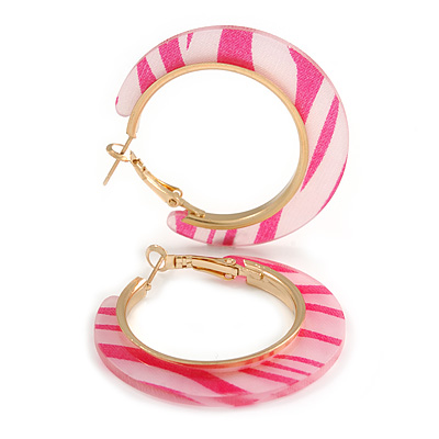 Trendy Light Pink/ Fuchsia Animal Print Acrylic Hoop Earrings In Gold Tone - 43mm Diameter - Medium