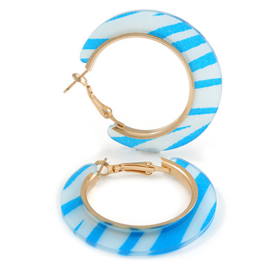Trendy Pale Blue/ Sky Blue Animal Print Acrylic Hoop Earrings In Gold Tone - 43mm Diameter - Medium