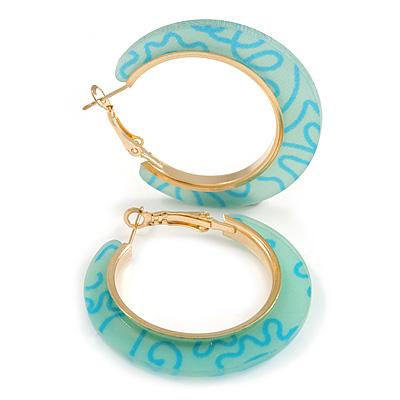 Trendy Aqua/ Teal Fancy Print Acrylic Hoop Earrings In Gold Tone - 43mm Diameter - Medium