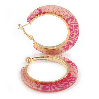 Trendy Peach/ Magenta Floral Print Acrylic Hoop Earrings In Gold Tone - 43mm Diameter - Medium - main view