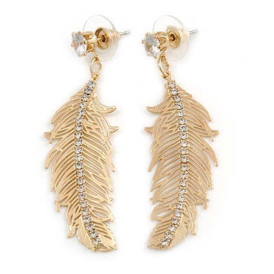 Gold Tone Clear Crystal Delicate Feather Drop Earrings - 50mm Long